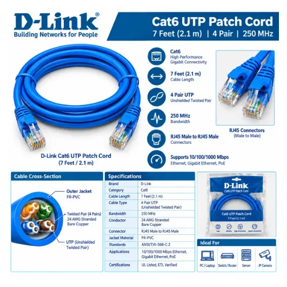 D-Link Cat6 UTP Patch Cable – 7 Feet