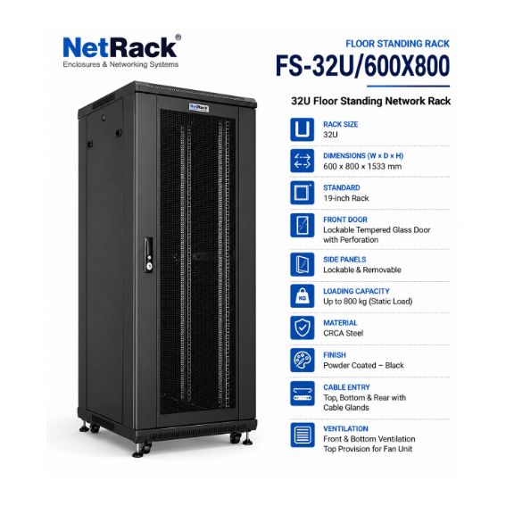 NetRack 32U Floor Standing Network Rack (600 × 800 × 1544 mm)