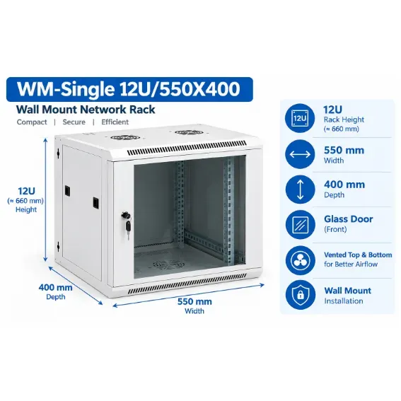 NetRack 12U Wall Mount Single Section Network Rack (550 × 400 × 613 mm)