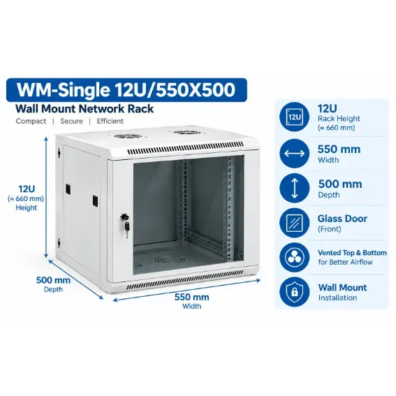 NetRack 12U Wall Mount Single Section Network Rack (550 × 500 × 613 mm)