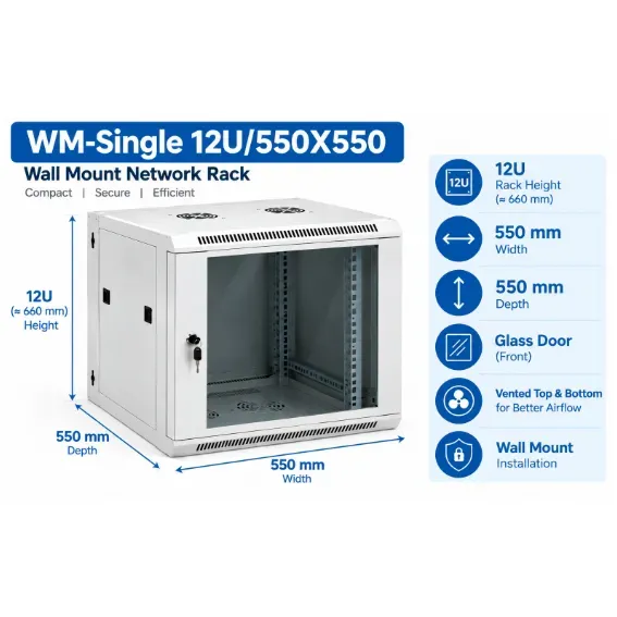 NetRack 12U Wall Mount Single Section Network Rack (550 × 550 × 613 mm)