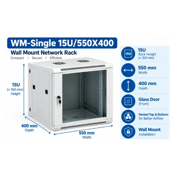 NetRack 15U Wall Mount Single Section Network Rack (550 × 400 × 749 mm)