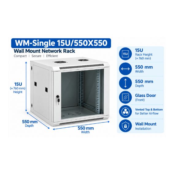 NetRack 15U Wall Mount Single Section Network Rack (550 × 550 × 749 mm)