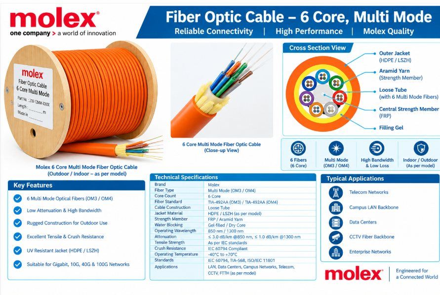 xmedia molex 6 core multi mode fiber optic cable