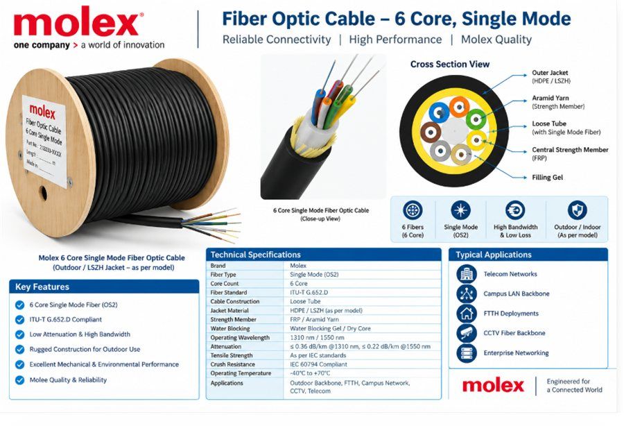 xmedia molex 6 core single mode fiber optic cable