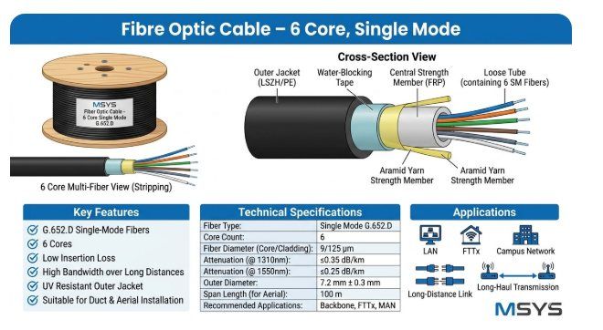 xmedia msys 6 core single mode fiber optic cable