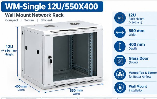 NetRack 12U Wall Mount Single Section Network Rack (550 × 400 × 613 mm)