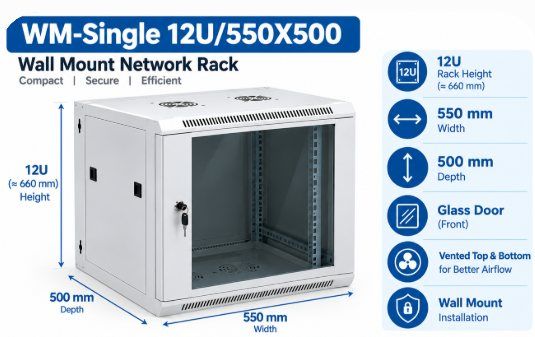 NetRack 12U Wall Mount Single Section Network Rack (550 × 500 × 613 mm)