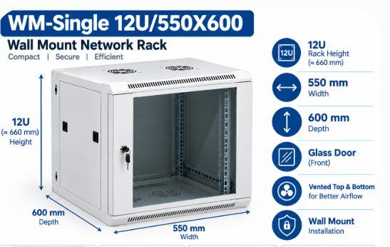 NetRack 12U Wall Mount Single Section Network Rack (550 × 600 × 613 mm)