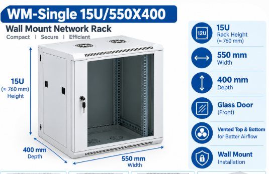 NetRack 15U Wall Mount Single Section Network Rack (550 × 400 × 749 mm)
