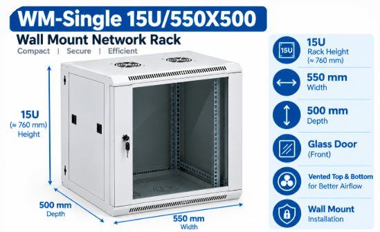 NetRack 15U Wall Mount Single Section Network Rack (550 × 500 × 749 mm)