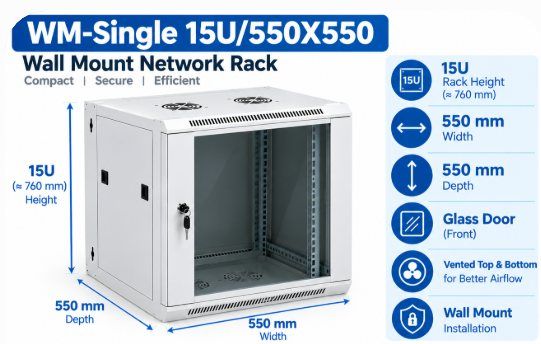 NetRack 15U Wall Mount Single Section Network Rack (550 × 550 × 749 mm)