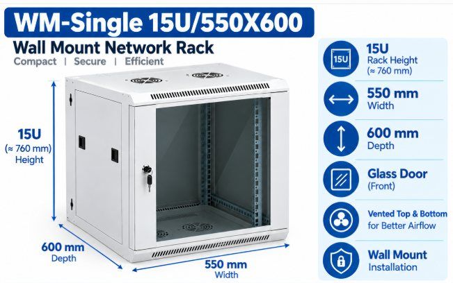 NetRack 15U Wall Mount Single Section Network Rack (550 × 600 × 749 mm)